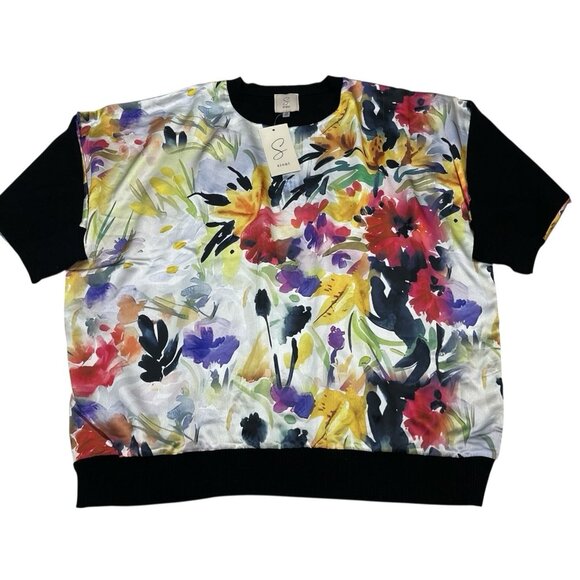 Sioni Sweater Womens 1X Colorful Floral Satin Panel Front Black Knit Pullover - Picture 2 of 10